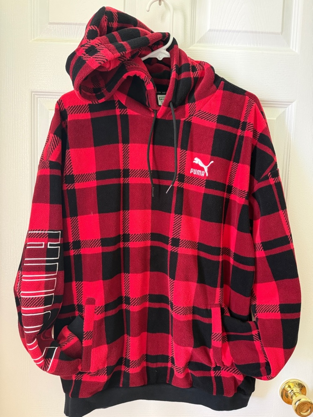 Puma Red and Black Plaid Fleece Hoodie size M